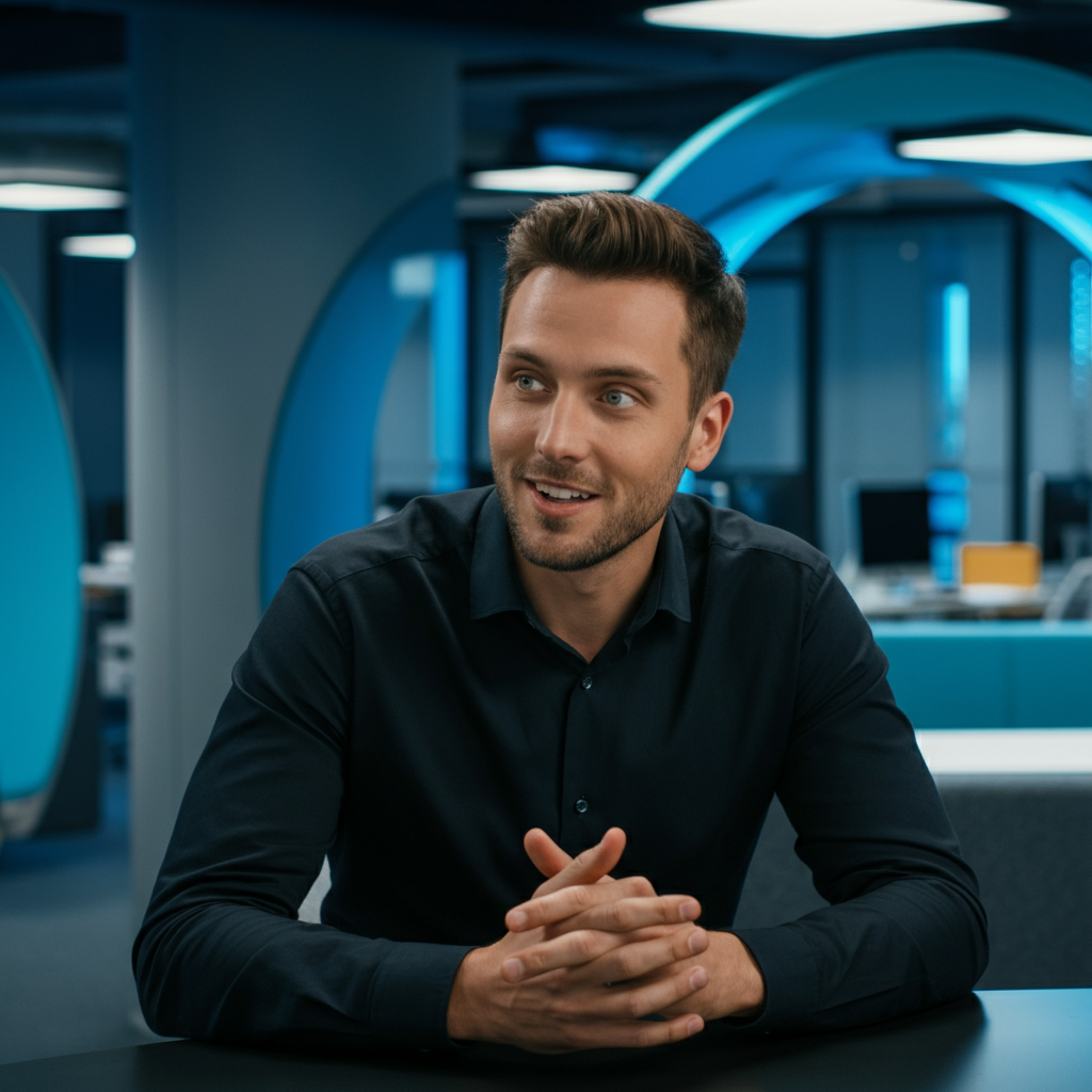 A young man in a dark shirt smiles while sitting at a desk in a modern office.