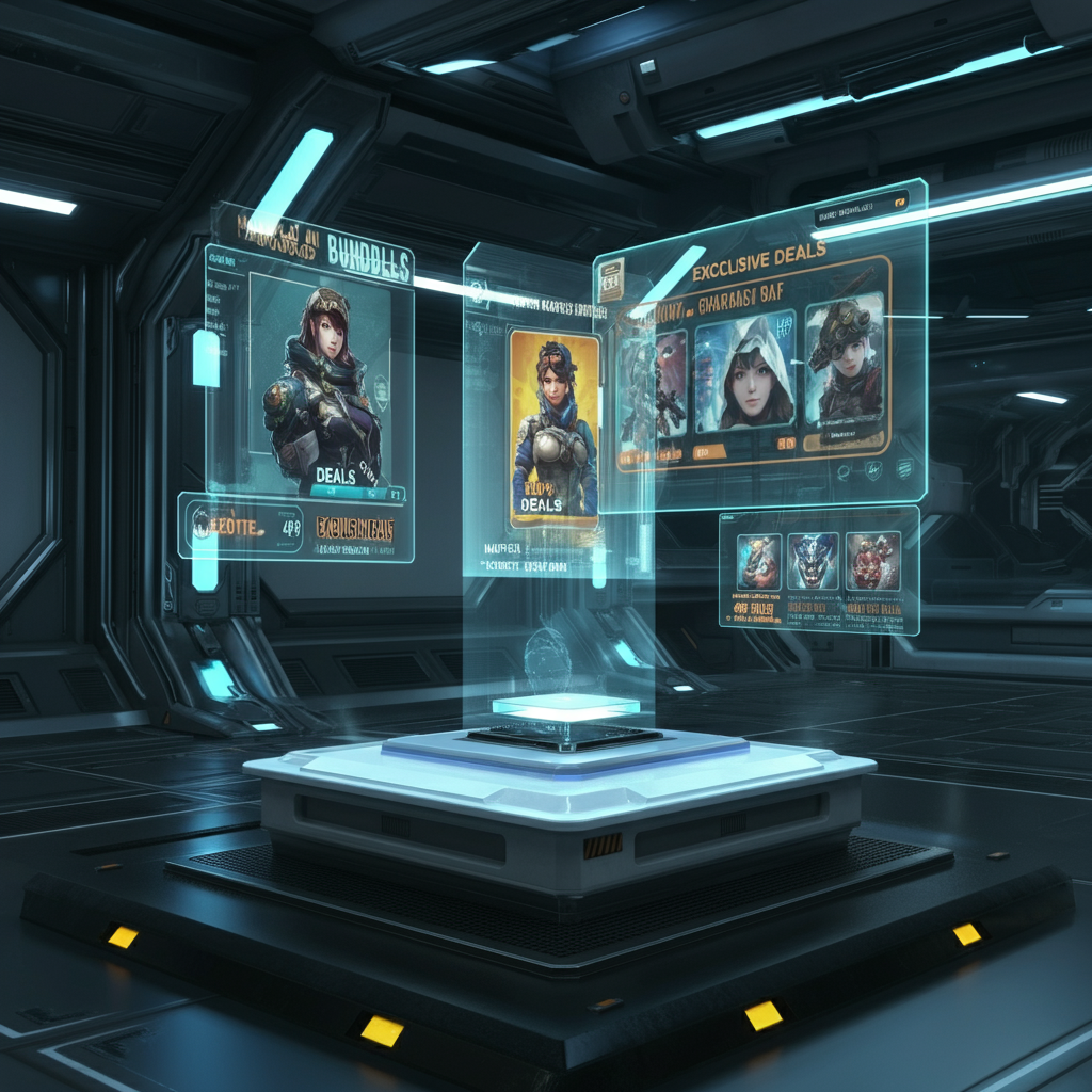 A futuristic display showing game bundle deals, featuring characters and exclusive offers in a sleek room.