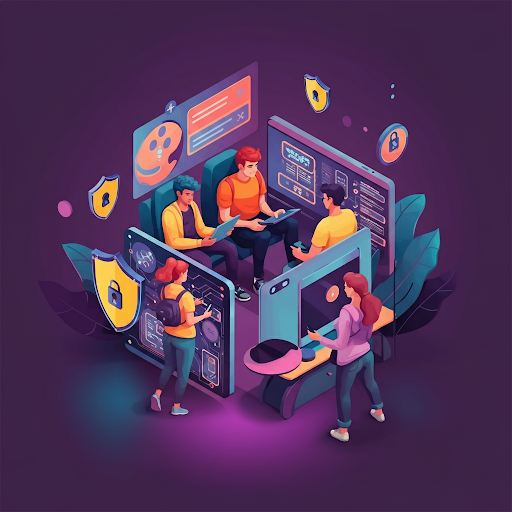 A vibrant illustration of five people discussing cybersecurity with digital screens and shields in a colorful setting.