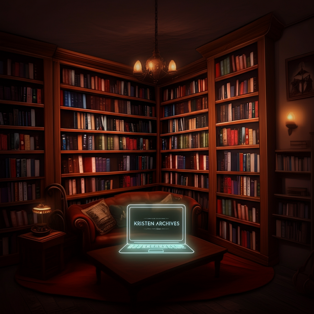 Cozy library with dark wooden shelves filled with books and a glowing laptop on a table with the name of Kristen Archives.