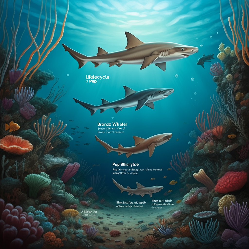 Three sharks labeled: lifecycle of pup, Bronz Whaler, and Pup Shiveryce, surrounded by coral.