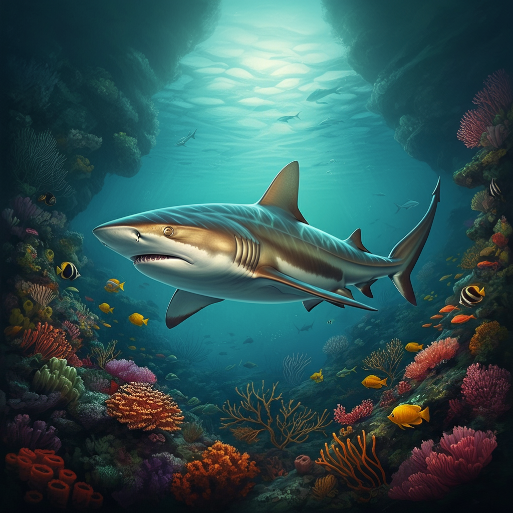 A large shark swimming in clear blue water, surrounded by colorful coral and tropical fish.