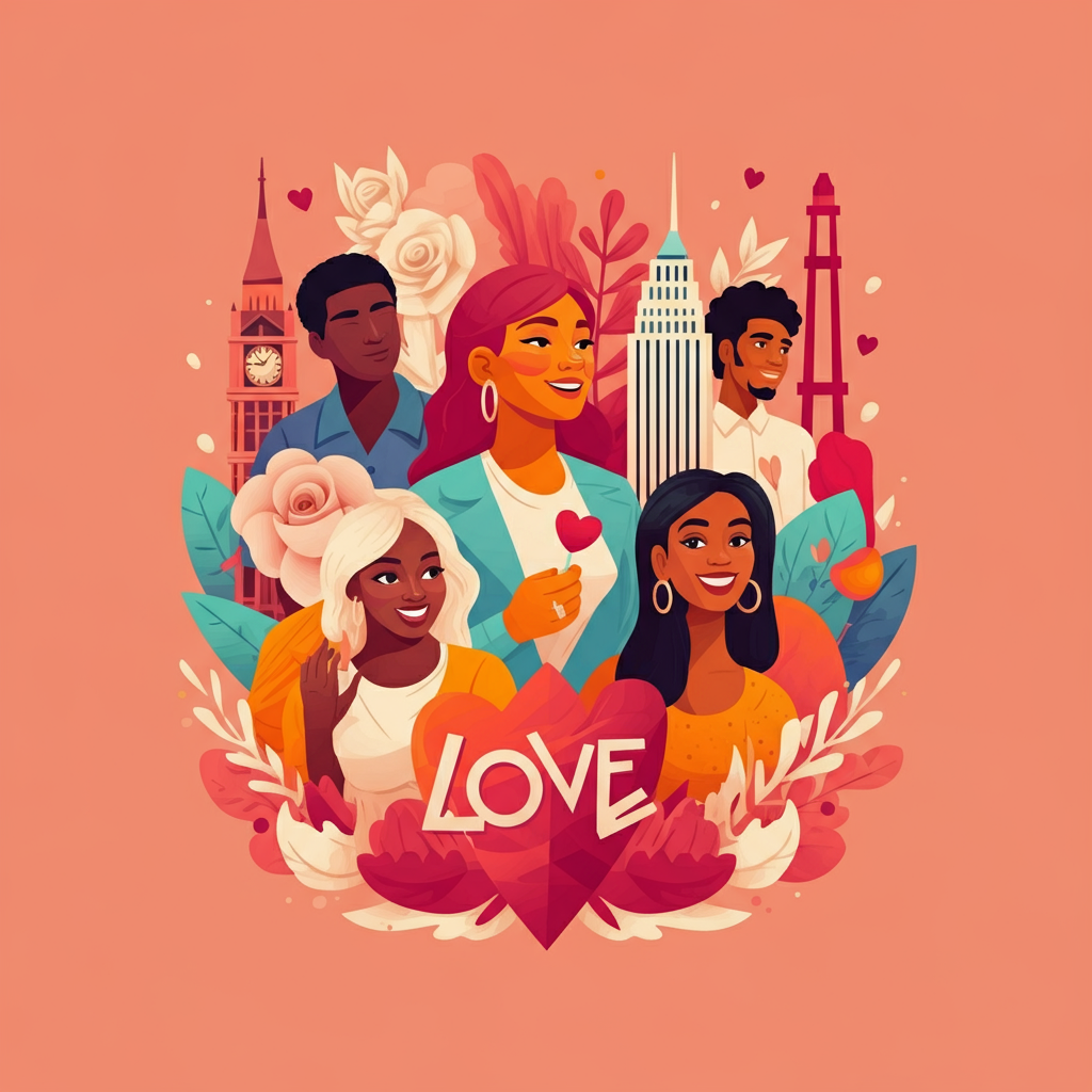 Illustration of five diverse people smiling with iconic landmarks and pink flowers, featuring the word 'LOVE'.