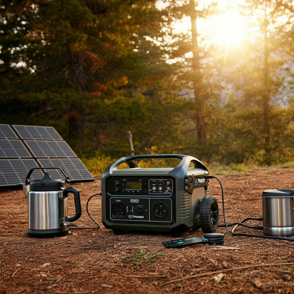 A portable power station with solar panels, kettle, and coffee maker in a forest setting.