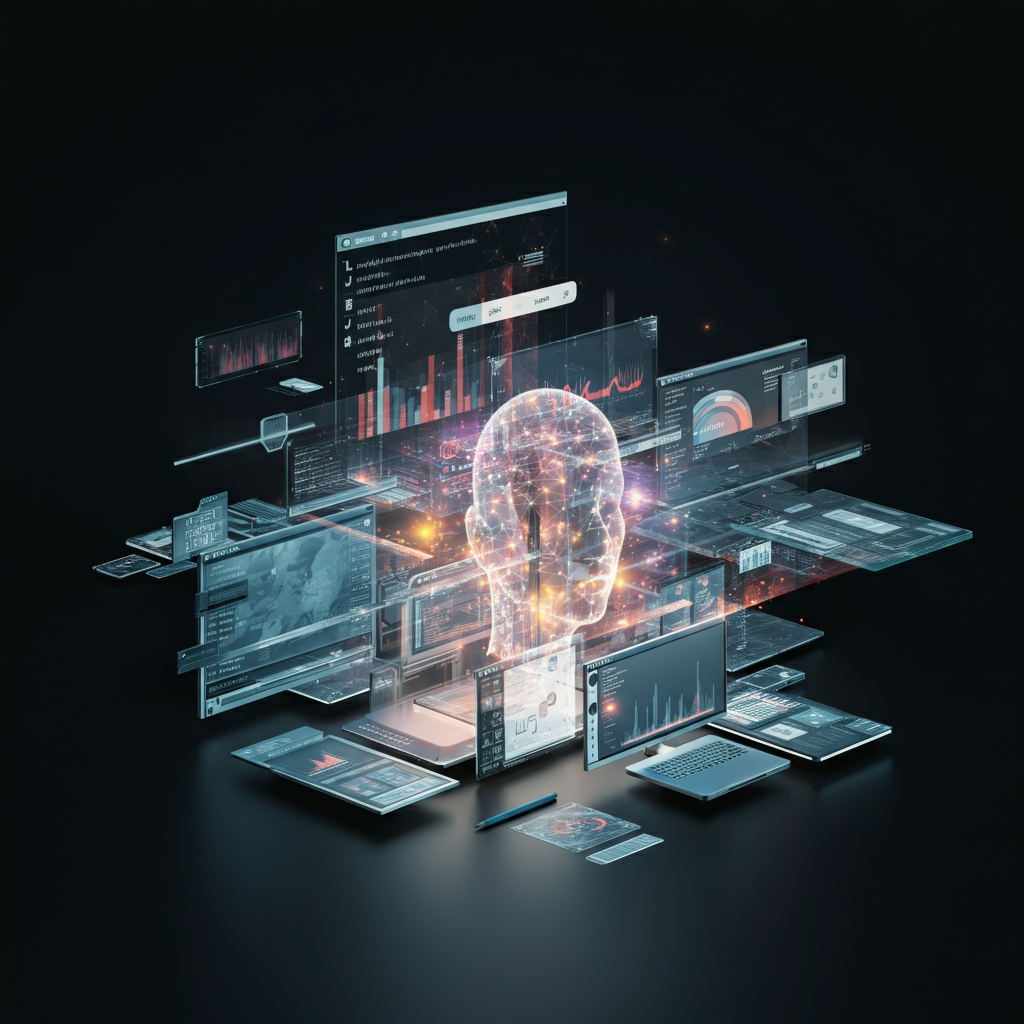 A glowing, digital skull surrounded by various data screens and graphs, showcasing technology and analytics.