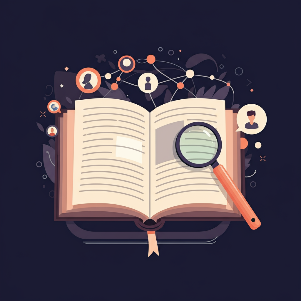 An open book with a magnifying glass on the pages, surrounded by icons of people and connections.