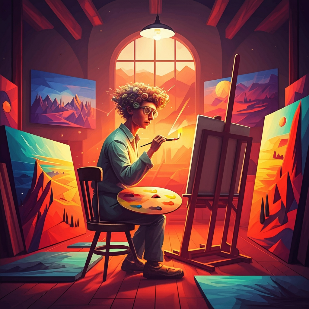 An artist with curly hair works on a colorful painting in a bright studio, surrounded by landscape artwork.