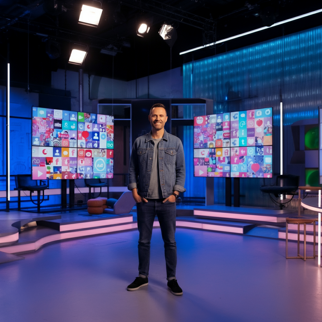A man in a denim jacket stands in a studio with colorful screens showing app icons.